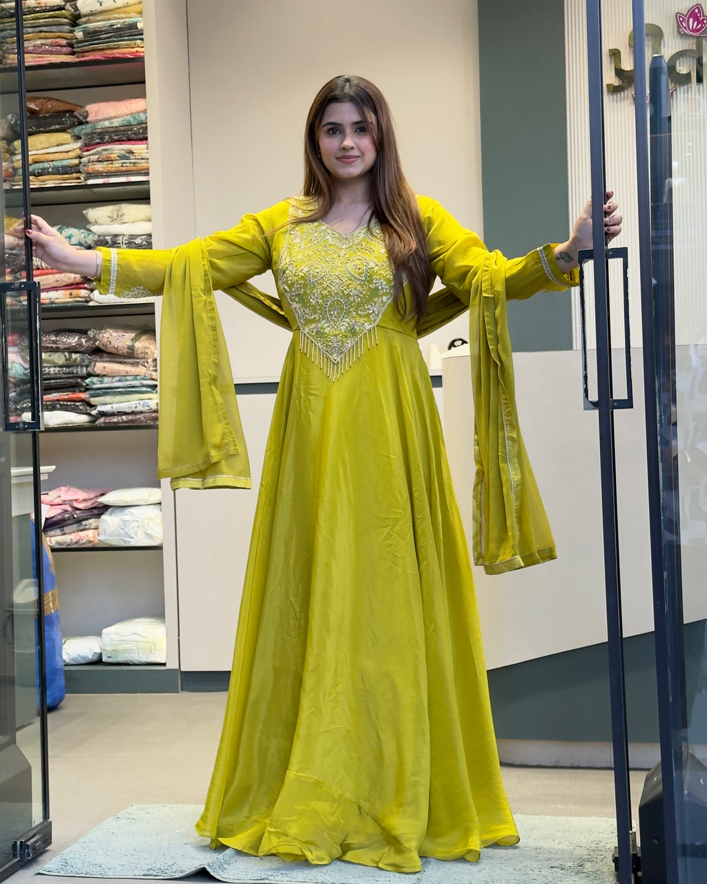 Elegant Lime Green Handworked Flared Gown Set