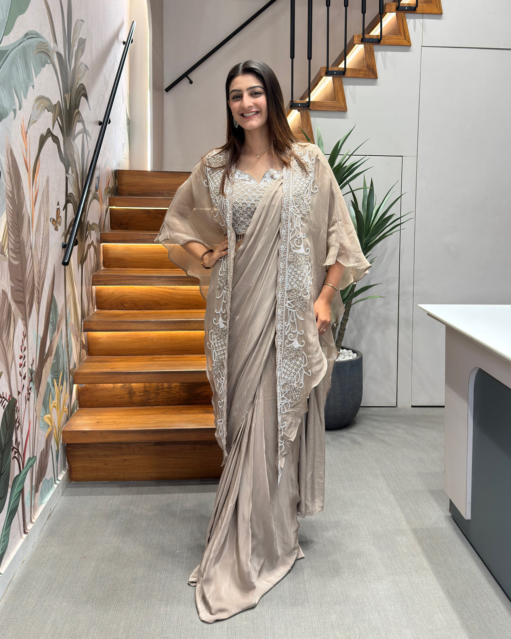 Elegant Taupe Handworked Saree Set with Designer Shrug