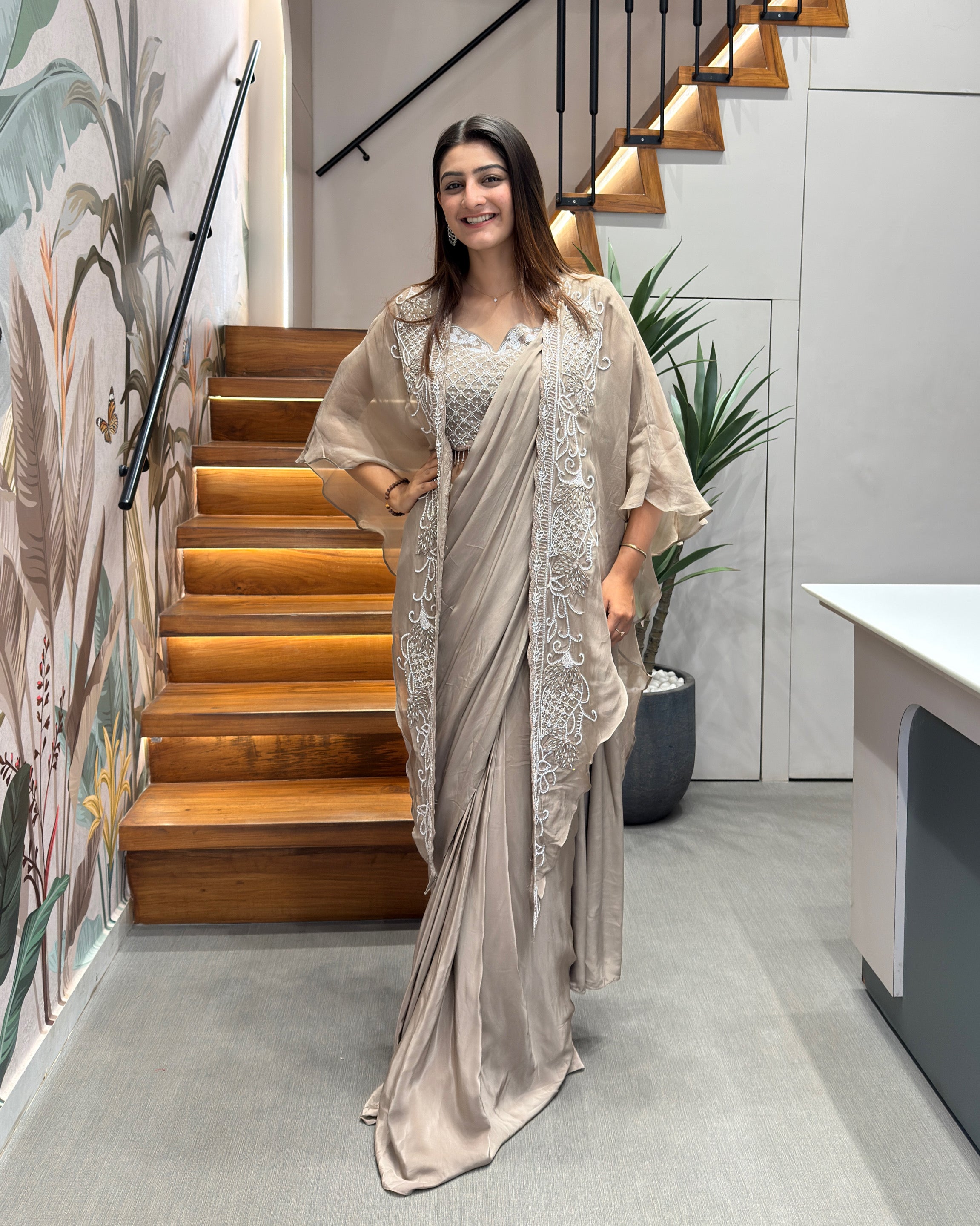 Elegant Taupe Handworked Saree Set with Designer Shrug