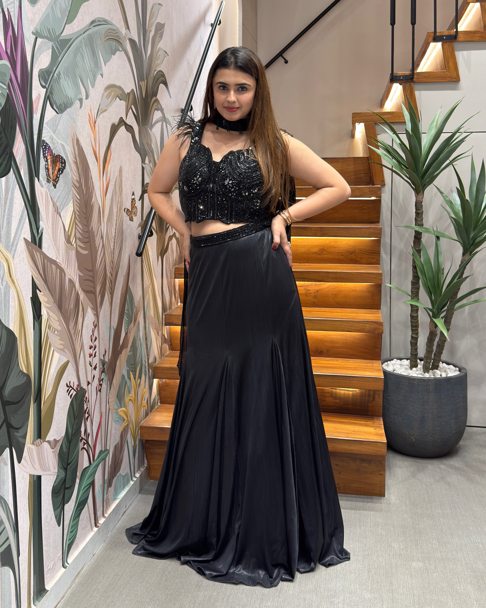Designer Black Indo-Western Lehenga Set with Handworked Blouse