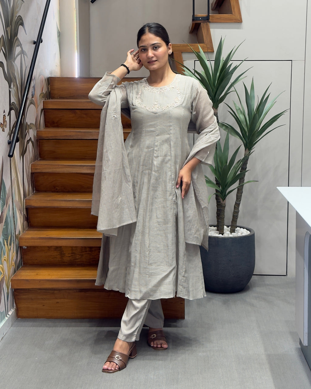 Elegant Light Grey Handworked Three Piece Set