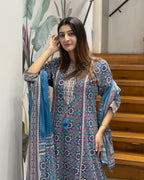 Printed Full Length Kurti with Full Flair Palazzo & Dupatta Set