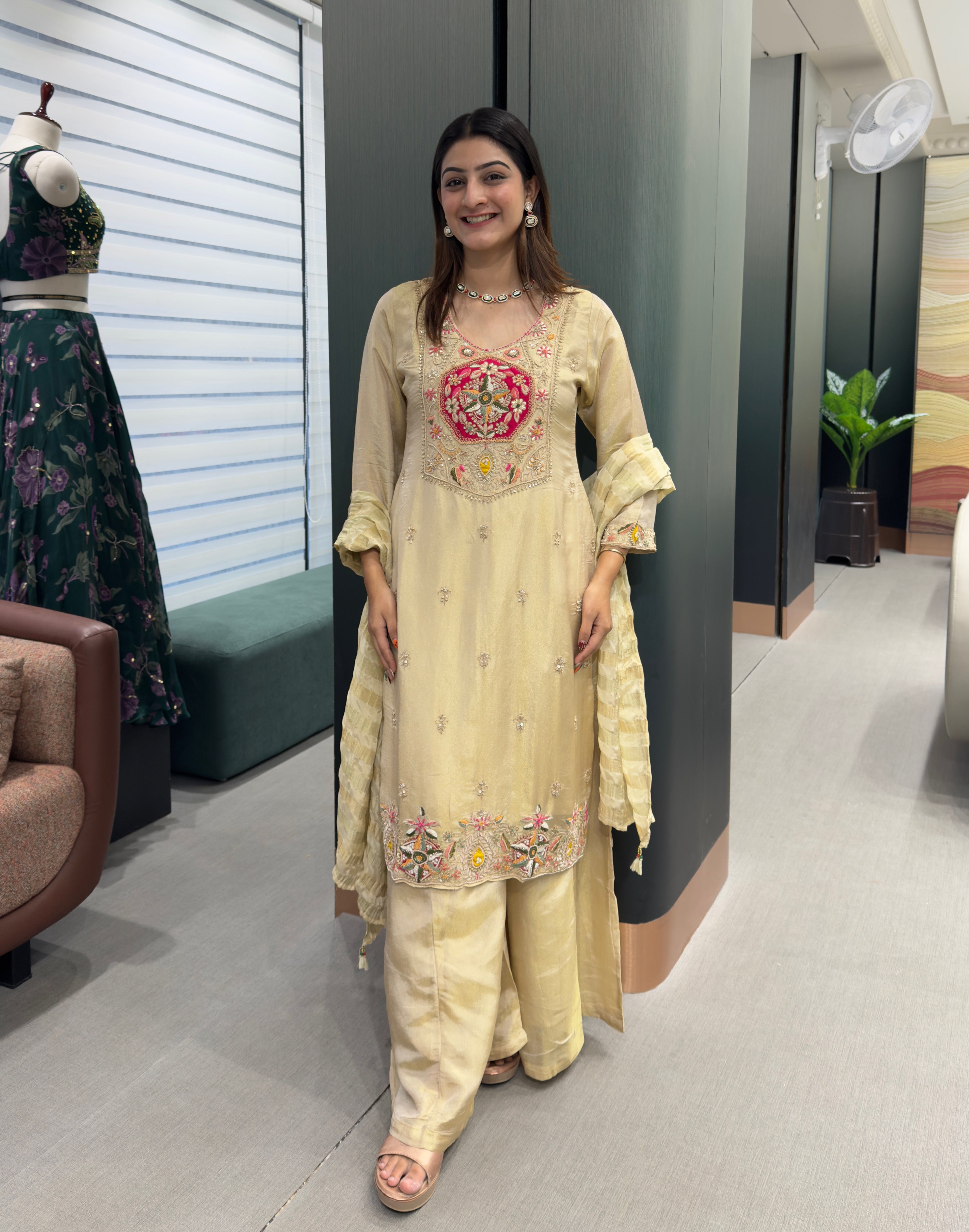 Elegant Golden Beige Handwork Three Piece Suit Set