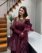 Wine Purple Handworked Flared Gown Set