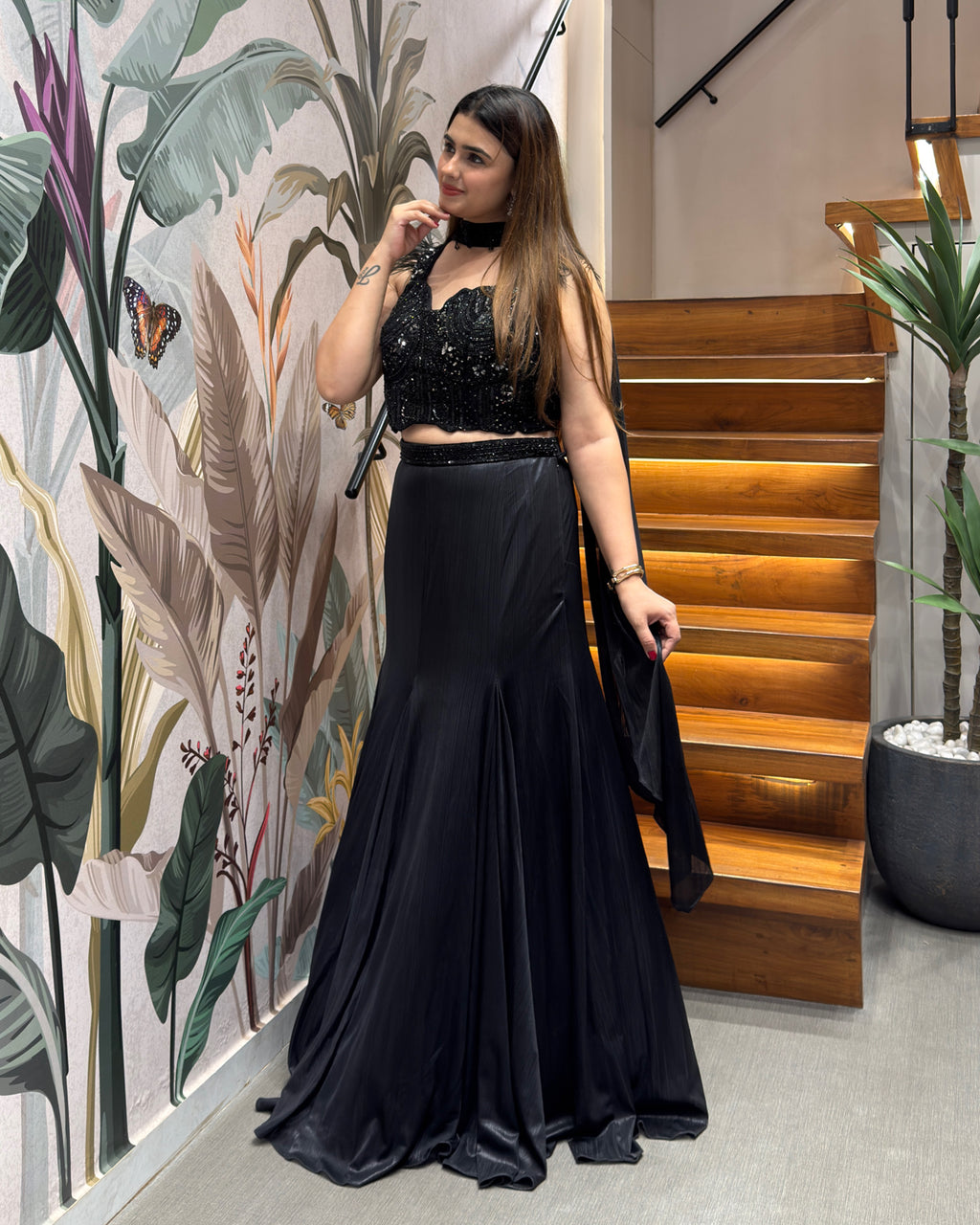 Designer Black Indo-Western Lehenga Set with Handworked Blouse