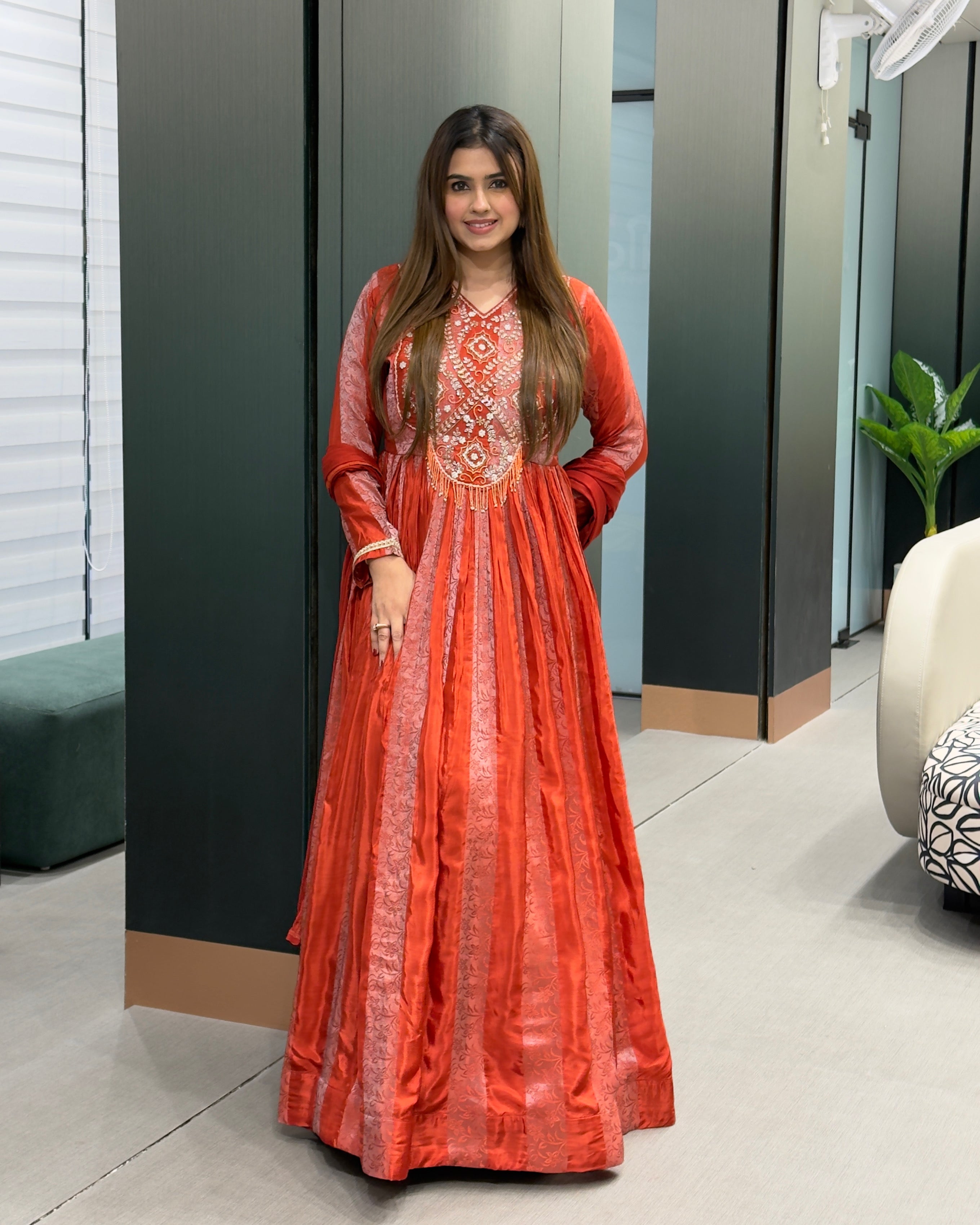Elegant Red & Orange Handworked Anarkali Gown with Dupatta