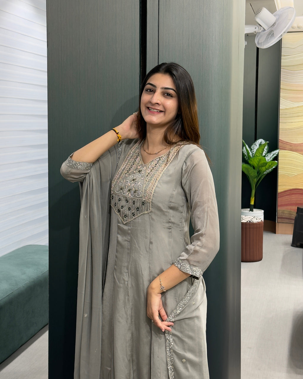 Elegant Chinon Handwork Kurta Plazo Set with Dupatta