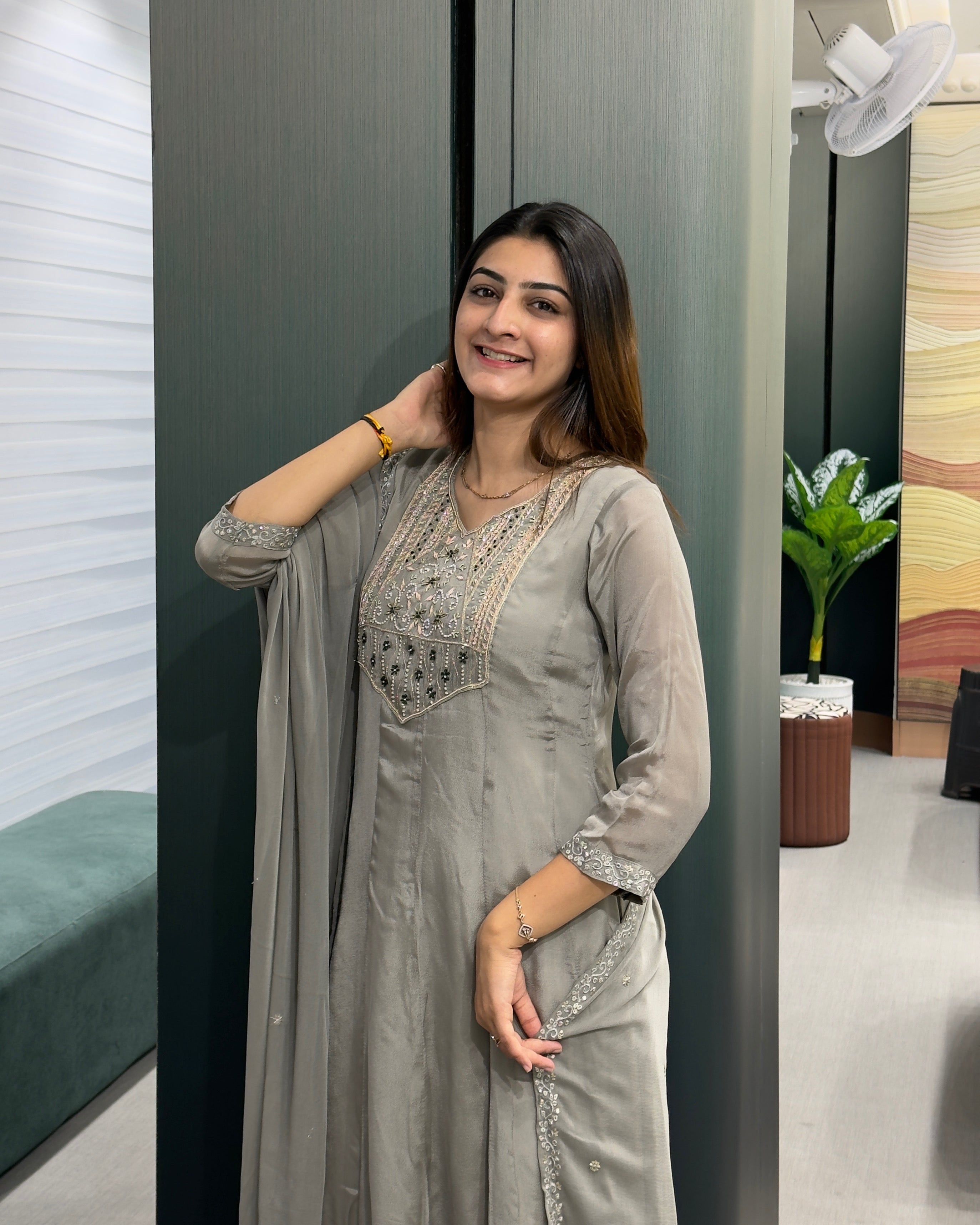 Elegant Chinon Handwork Kurta Plazo Set with Dupatta