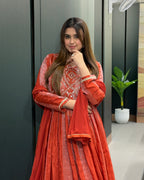 Elegant Red & Orange Handworked Anarkali Gown with Dupatta