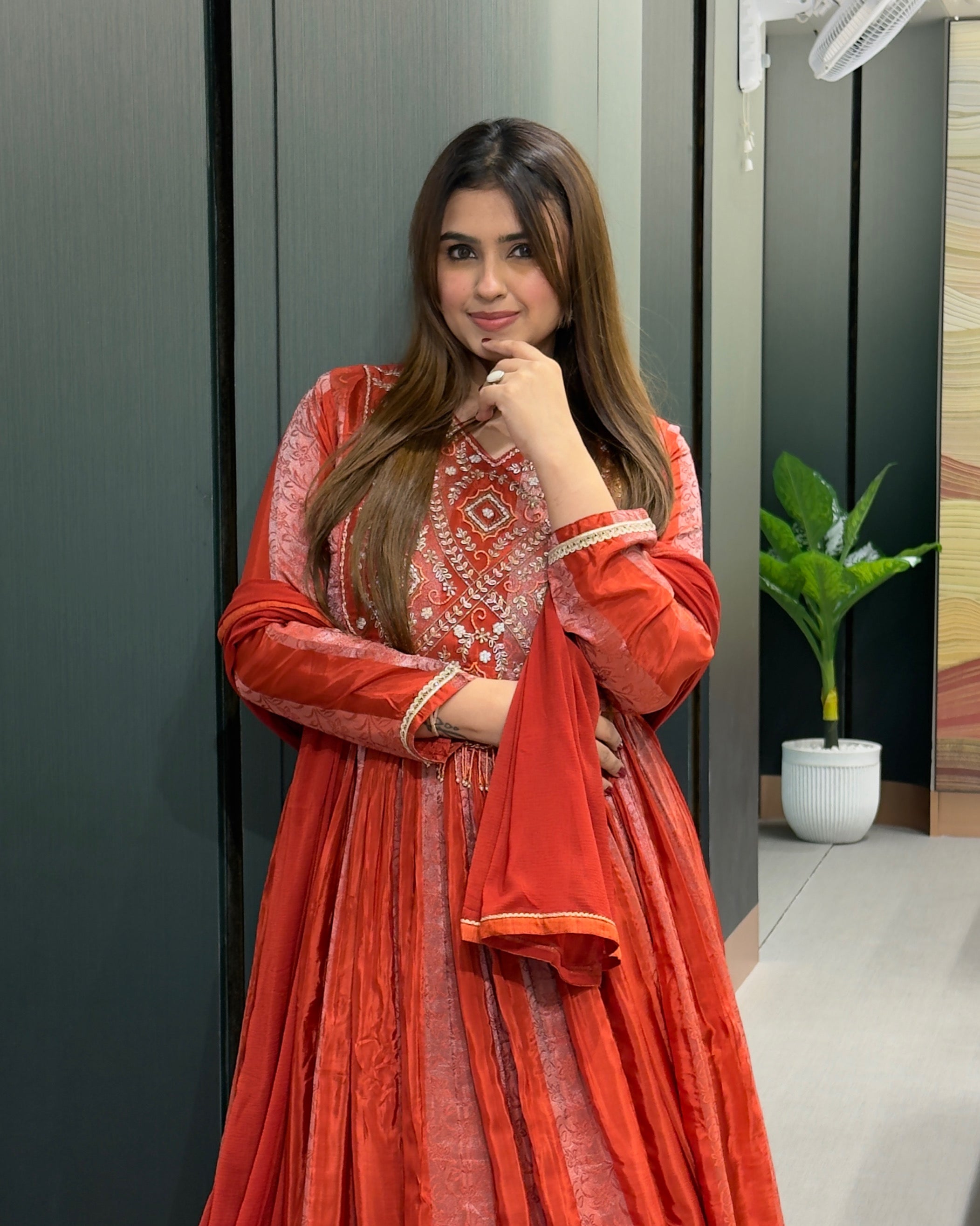 Elegant Red & Orange Handworked Anarkali Gown with Dupatta