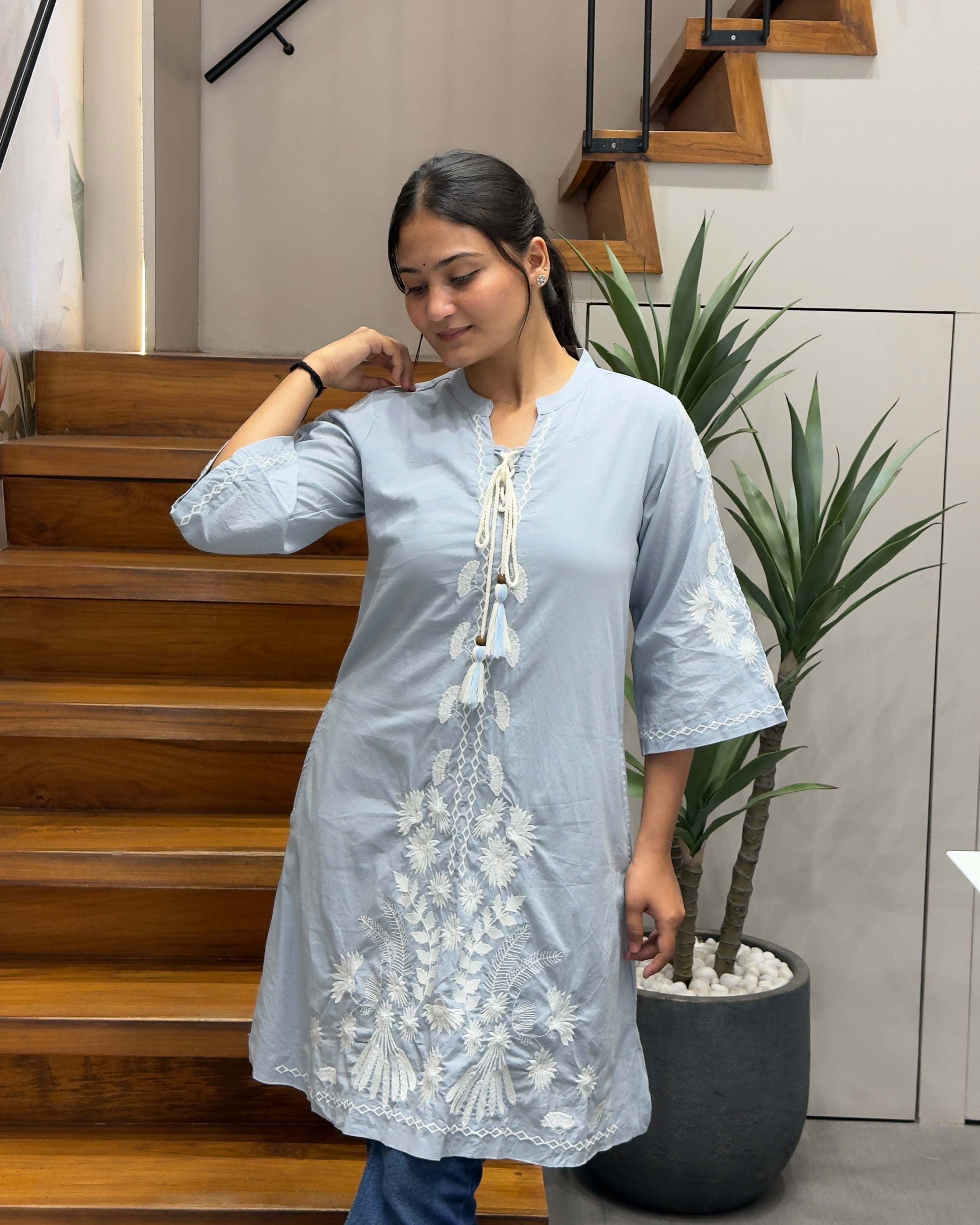 Elegant Sky Blue Embroidered Short Kurti