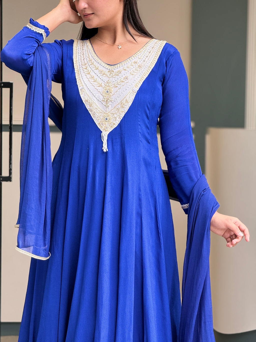 Royal Blue Handworked Anarkali Kurta Set with Dupatta